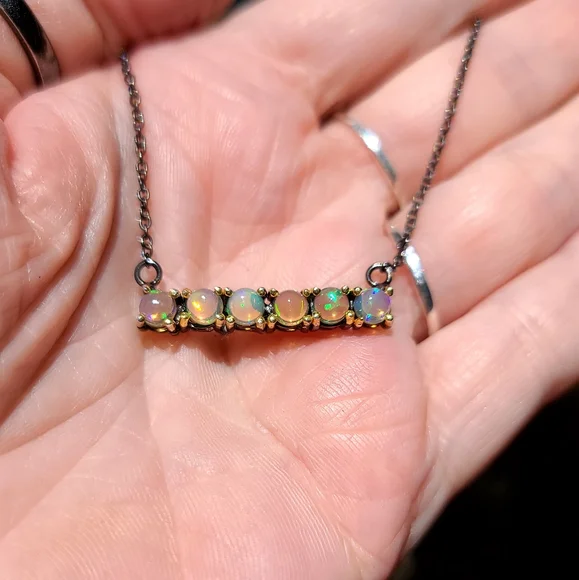 6k Opal sterling rhodium & gold bar necklace - Picture 4 of 6